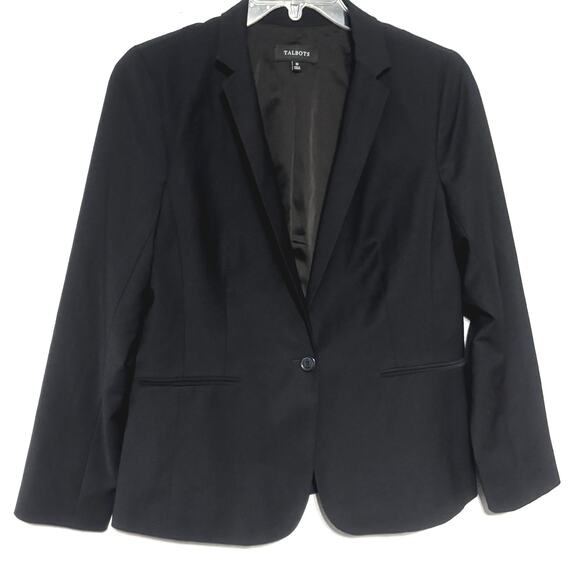 Talbots Black Wool Blazer Sz 10 Single Button Jacket Striped cuff sleeves Chic - Picture 4 of 8